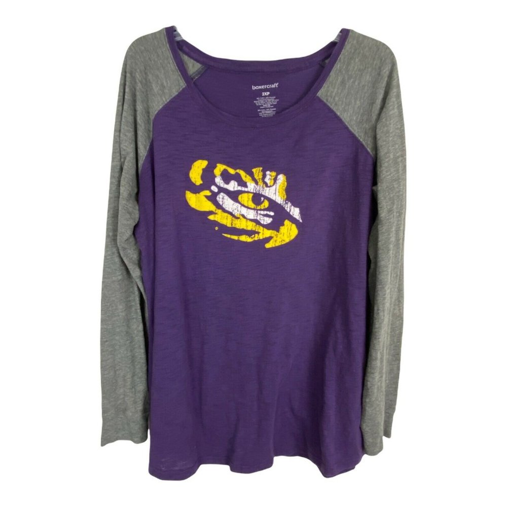 Boxercraft Womens Shirt Size 2XP Purple Gold Gray LSU Tiger Eye Short Sleeve Tee